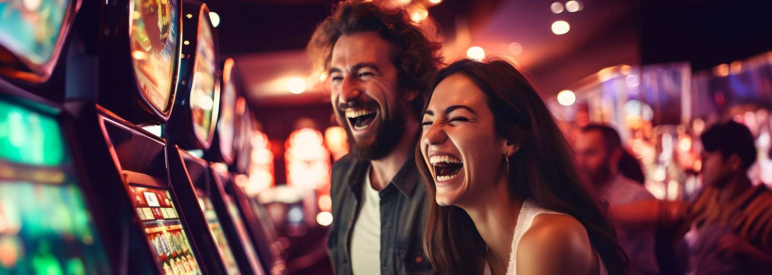 Couple smiling at a slot machine