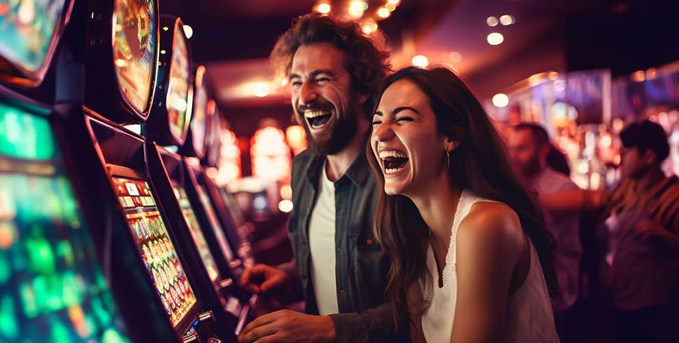 Couple smiling while playing at the slot machine.