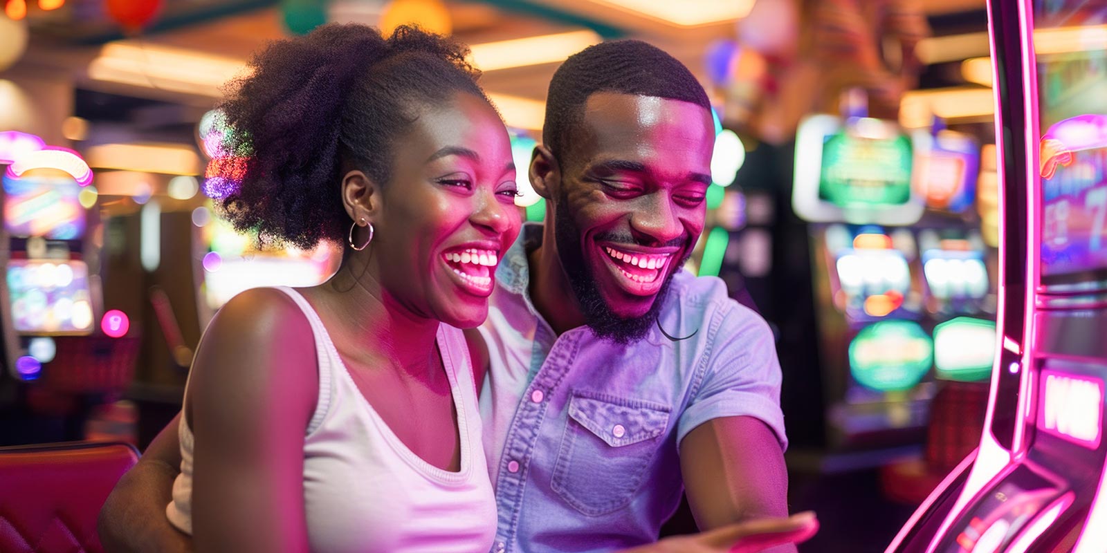 Happy couple playing slots in a casino