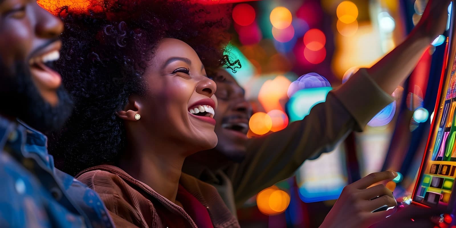 Couple smiling while playing the slot machine